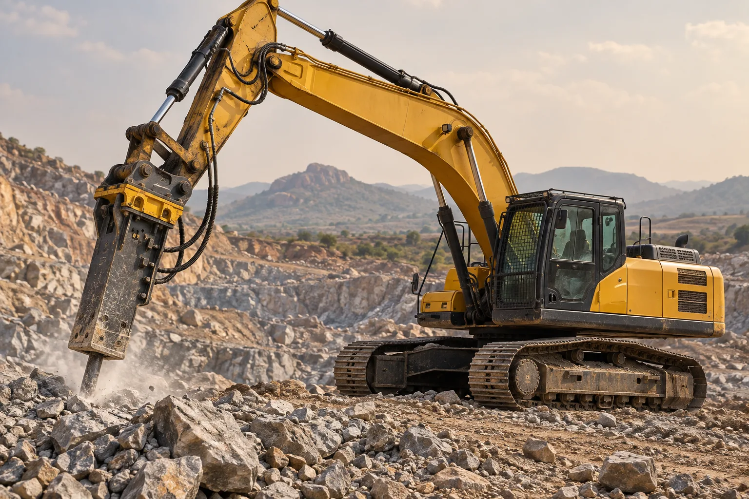 Illustrative excavator working in a rocky quarry